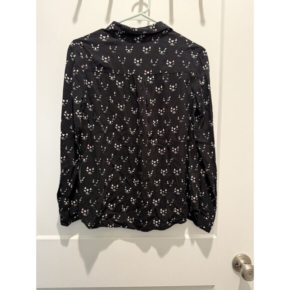 Maeve Anthropologie Clever Cat Print Long Sleeve Top Black Rayon-Women's Size 4 - Picture 5 of 5